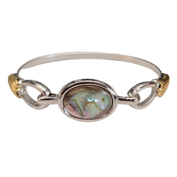 Avon Silver, Gold Tone Abalone Hinged Bangle Bracelet, Signed M627 - Picture 7 of 7